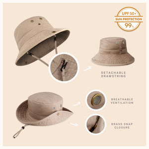 Cotton String Bucket Hat features: 99% sun protection, detachable drawstring, breathable ventilation, brass snap closures, and foldable brims