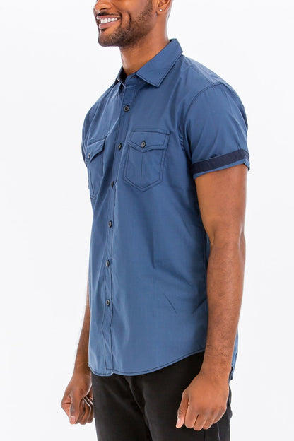 Picture of a Men's Blue Stitch Short Sleeve Button Down Dress Shirt side view