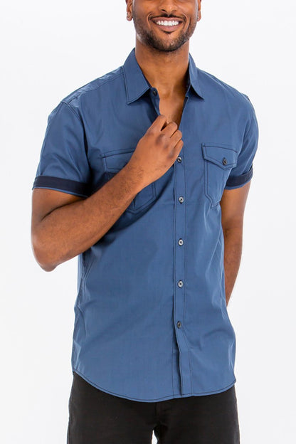 Picture of a Men's Blue Stitch Short Sleeve Button Down Dress Shirt front view