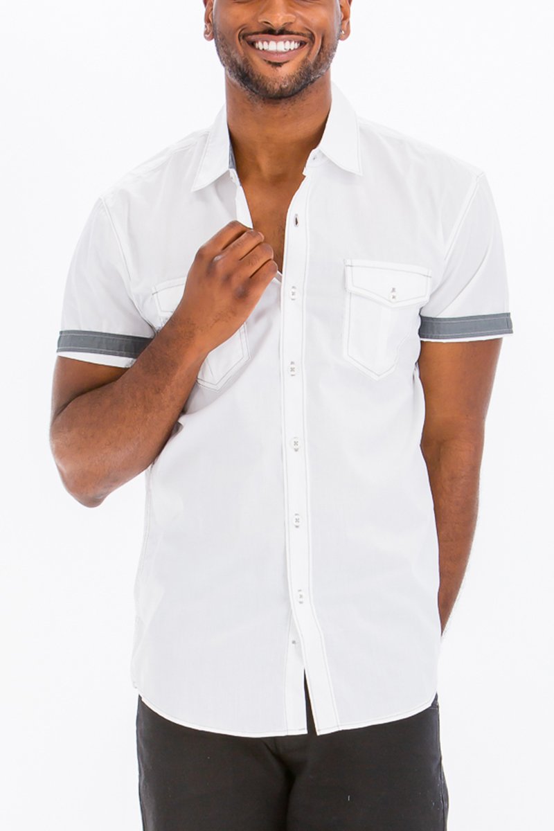 Picture of a Men's White Short Sleeve Button Down Dress Shirt front button open