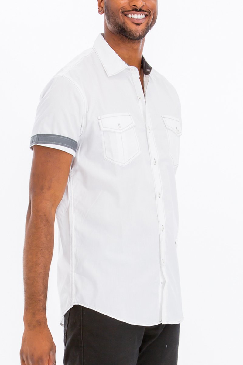 Picture of a Men's White Short Sleeve Button Down Dress Shirt side view 
