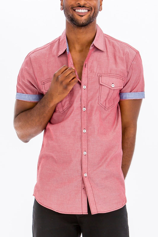 Picture of a Men's Pink Short Sleeve Button Down Dress Shirt front view