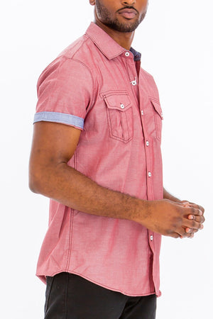 Picture of a Men's Pink Short Sleeve Button Down Dress Shirt side view