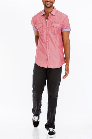 Picture of a Men's Pink Short Sleeve Button Down Dress Shirt full body