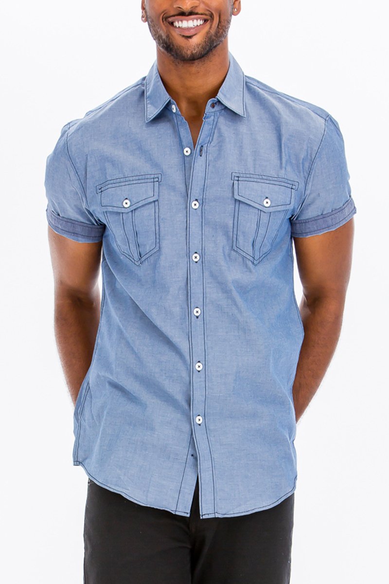 Picture of a Men's Light Blue Stitch Short Sleeve Button Down Dress Shirt front view