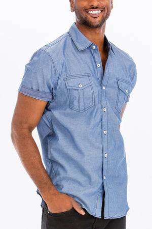 Picture of a Men's Light Blue Stitch Short Sleeve Button Down Dress Shirt front view close up