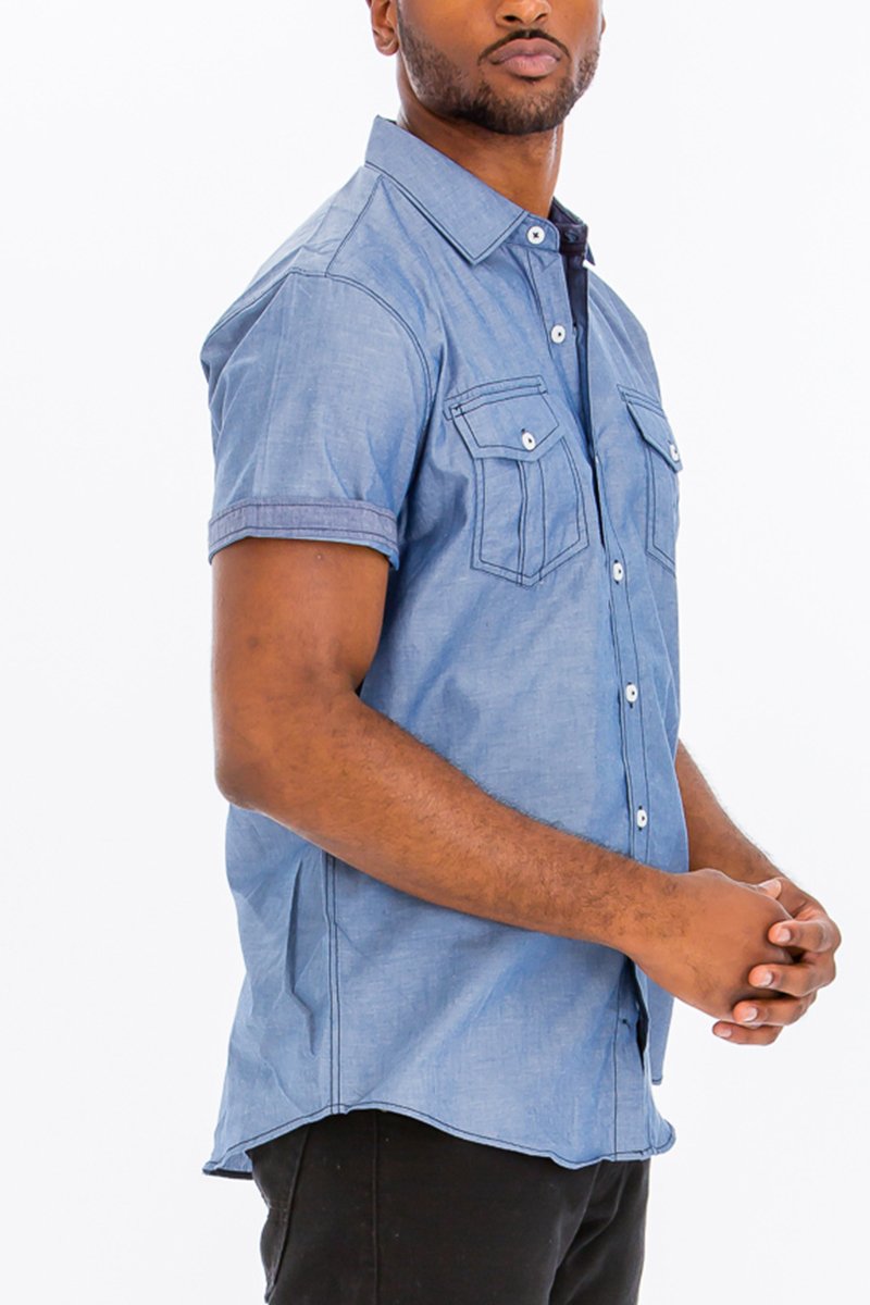 Picture of a Men's Light Blue Stitch Short Sleeve Button Down Dress Shirt side view