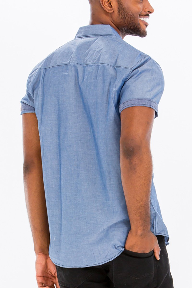 Picture of a Men's Light Blue Stitch Short Sleeve Button Down Dress Shirt back view