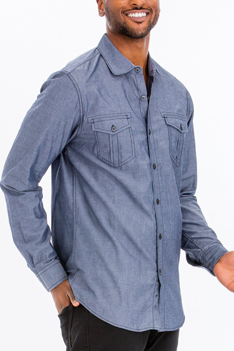 Picture of a Men's Navy Blue Button Down Dress Shirt side view