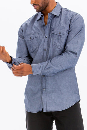 Picture of a Men's Navy Blue Button Down Dress Shirt front view of sleeves