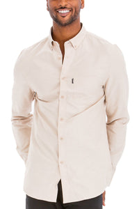 Picture of a Men's Cream Button Up Dress Shirt front close up