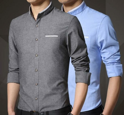 Men's Mandarin Collar Button Down Shirt denim blue