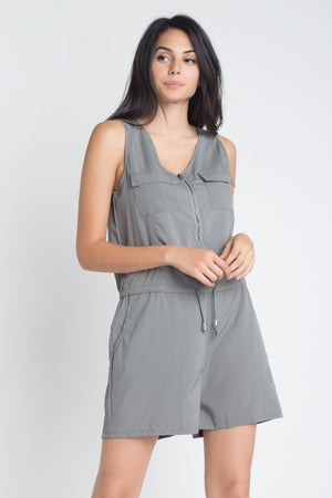 Plain Women's Olive Zip Front Sleeveless Romper with Tie Strings front view 