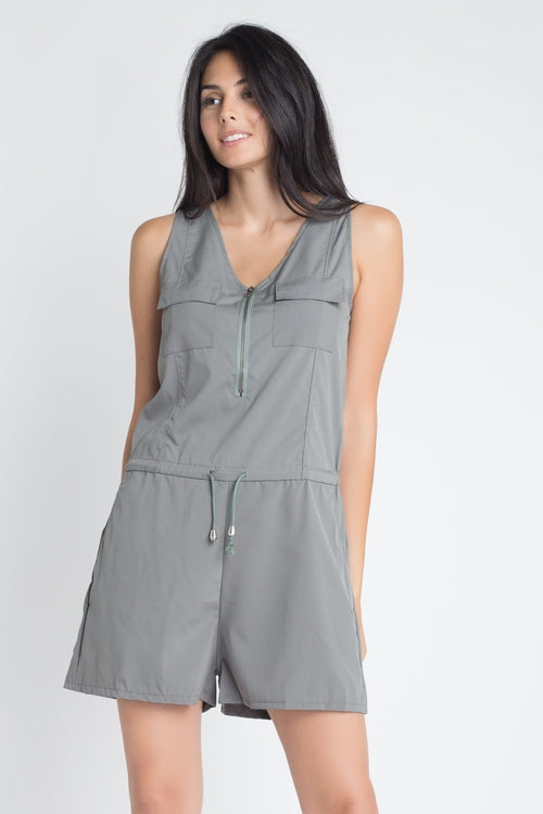 Plain Women's Olive Zip Front Sleeveless Romper with Tie Strings front view