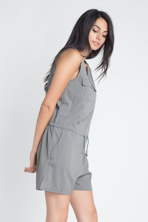 Plain Women's Olive Zip Front Sleeveless Romper with Tie Strings side view