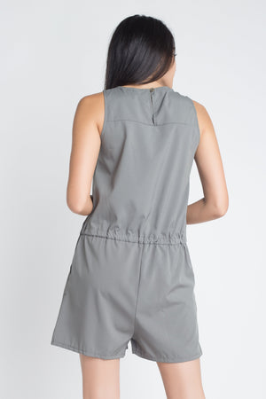 Plain Women's Olive Zip Front Sleeveless Romper with Tie Strings back view