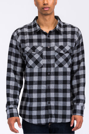 Picture of a Black and Grey Men's Flannel Shirt close up front view