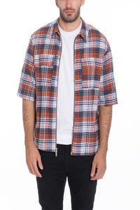 Picture of a Men's Short Sleeve Zip-Up Orange and White Flannel front zip open