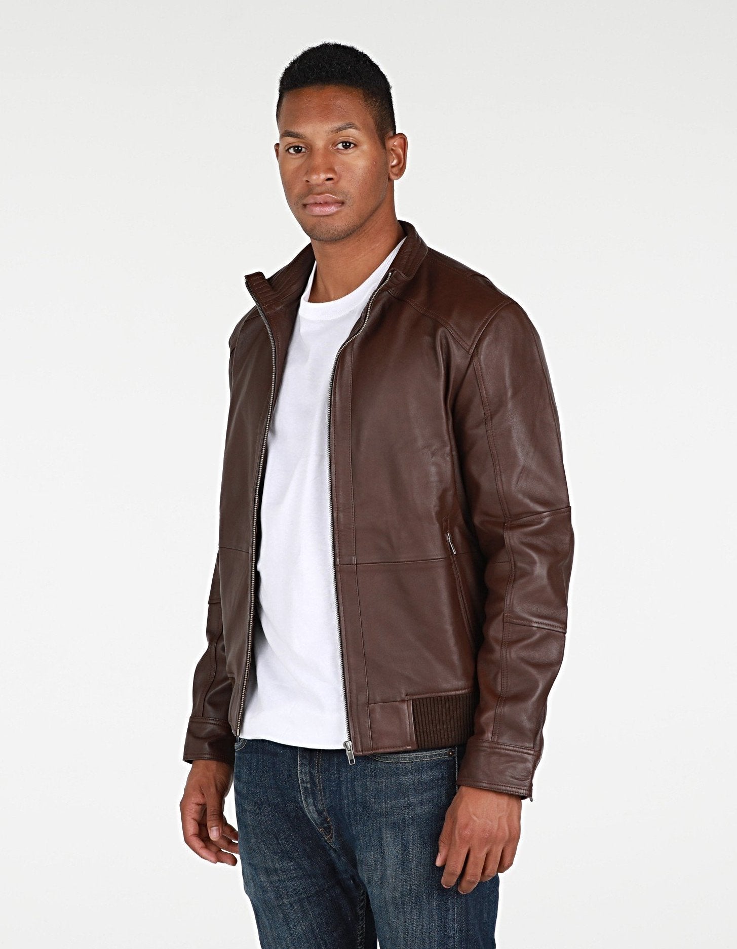 Picture of a Men's Genuine Leather Brown Bomber Jacket side view