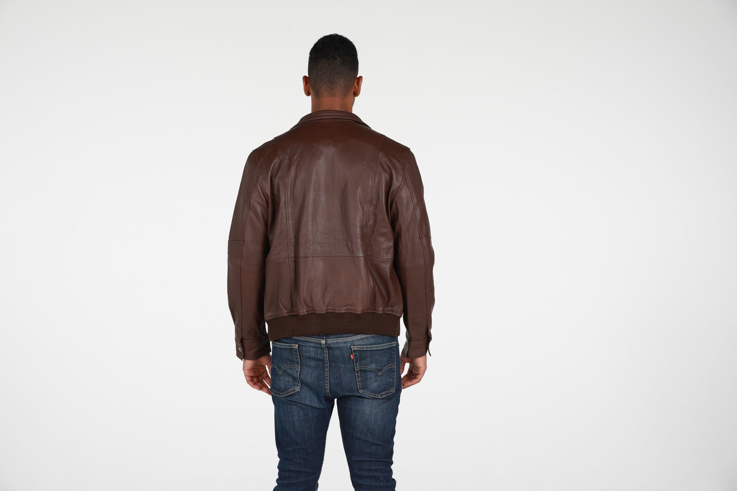 Picture of a Men's Genuine Leather Brown Bomber Jacket back view