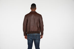 Picture of a Men's Genuine Leather Brown Bomber Jacket back view