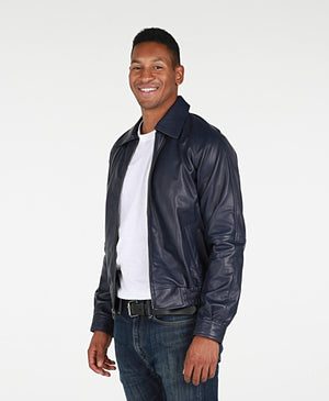 Picture of a Men's Genuine Leather Navy Blue Bomber Jacket front view man smiling