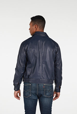 Picture of a Men's Genuine Leather Navy Blue Bomber Jacket back view