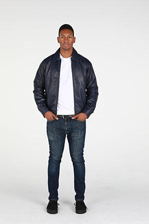 Picture of a Men's Genuine Leather Navy Blue Bomber Jacket front view