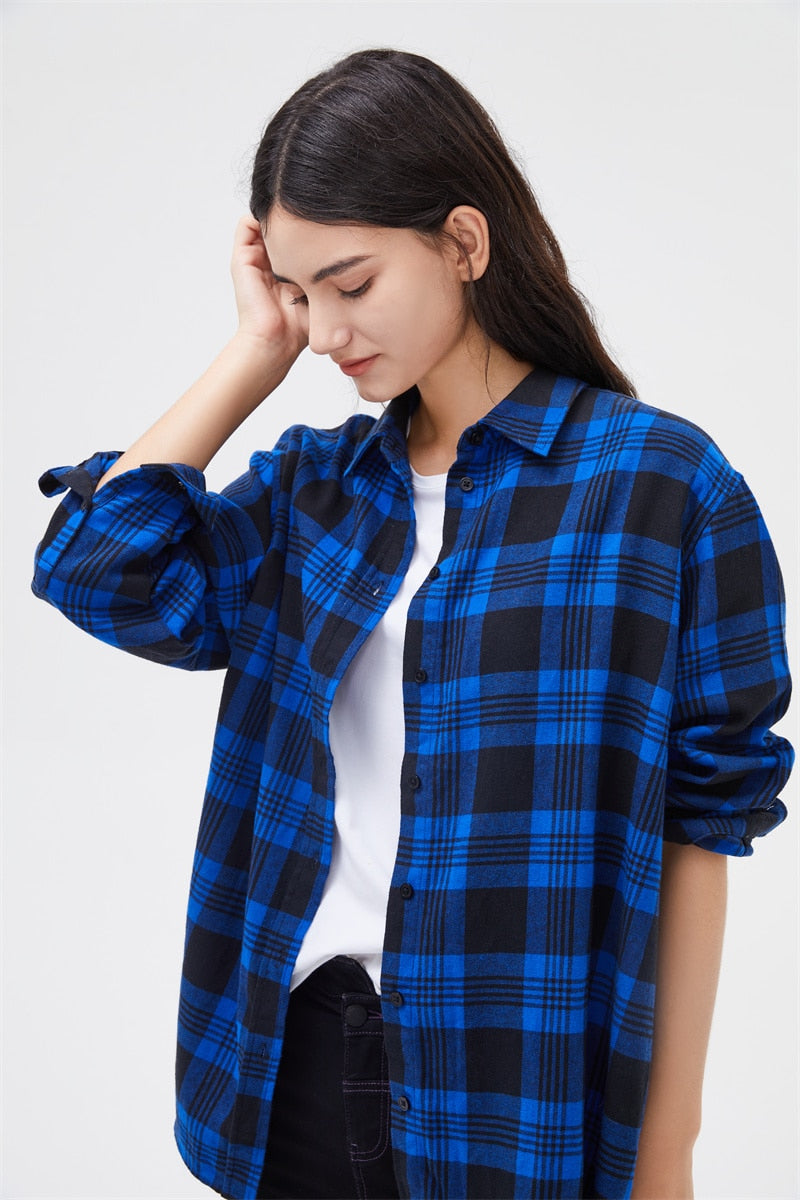 Women's Button Up Cotton Flannel Shirt in blue front side view un buttoned