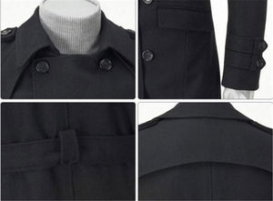 Men's Cotton Double Breasted Trench Coat close up of collar, cuffs, belt loops, and back.