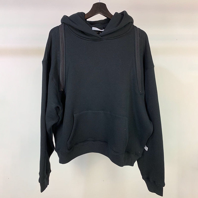 Women's Cold Shoulder Hoodie black front view zipped up