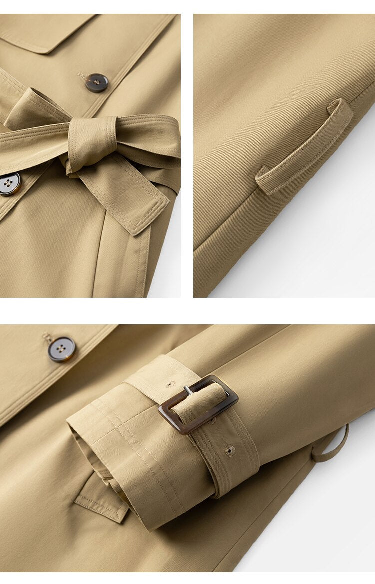 Women's Long Cotton Khaki Trench Coat close up of the belt, loops, and cuffs.