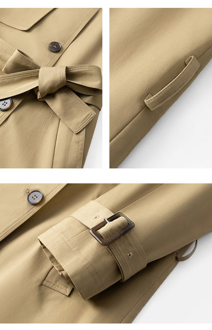 Women's Long Cotton Khaki Trench Coat close up of the belt, loops, and cuffs.