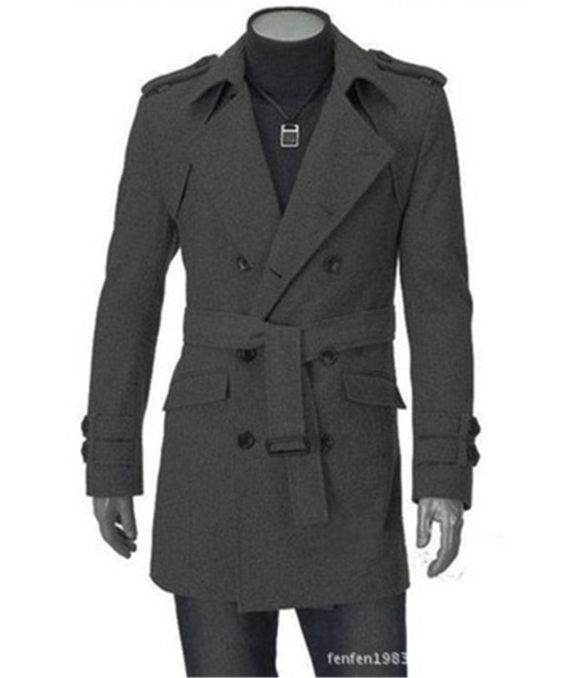 Men's Cotton Double Breasted Trench Coat grey front with belt