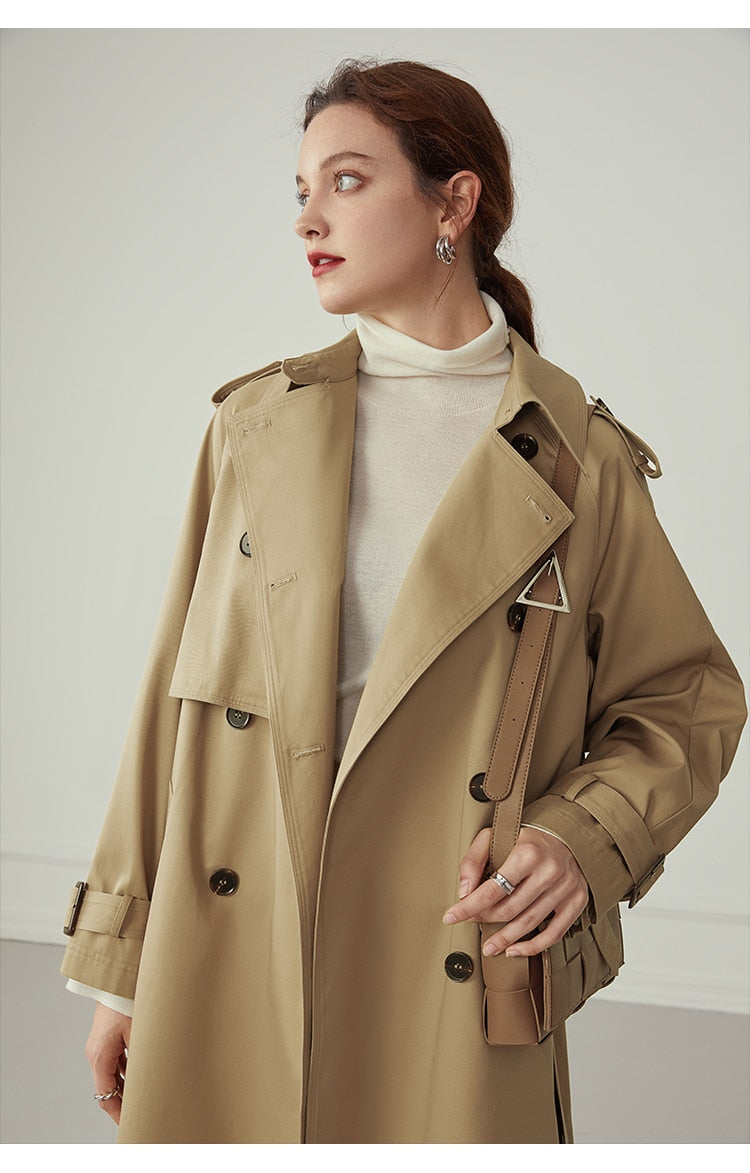 Women's Long Cotton Khaki Trench Coat close up open front with purse