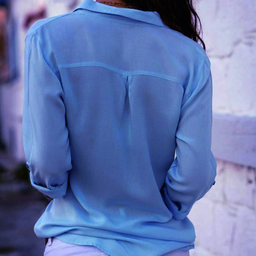 Women's Oversized Button Down Shirt in blue back side