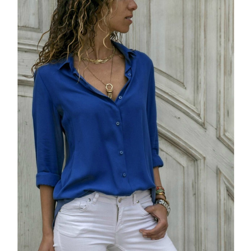 Women's Oversized Button Down Shirt in navy blue