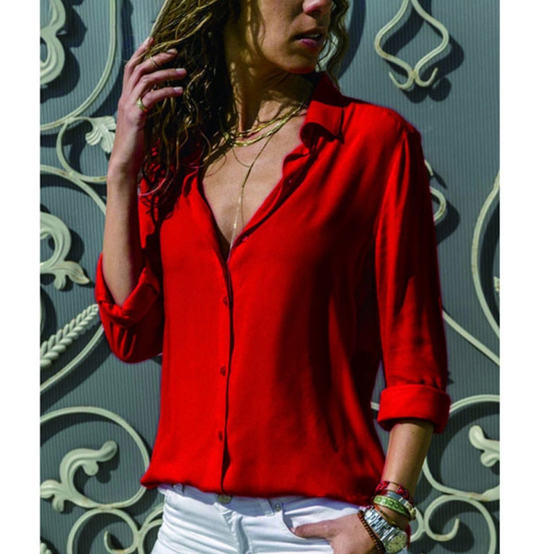 Women's Oversized Button Down Shirt in red