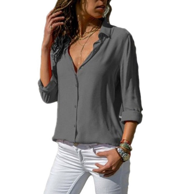 Women's Oversized Button Down Shirt in grey
