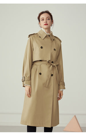 Women's Long Cotton Khaki Trench Coat front view buttoned up