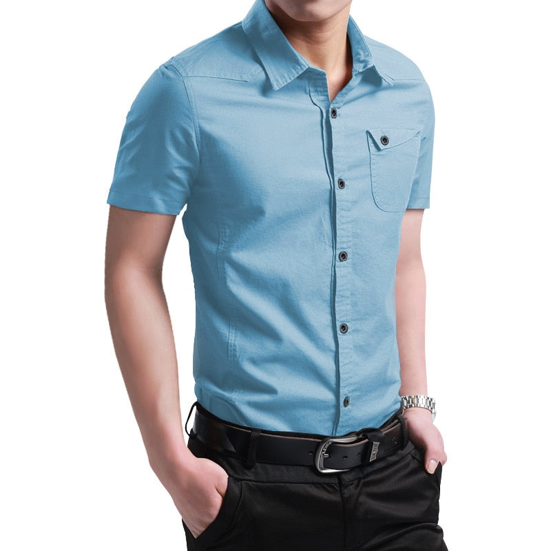 Men's Button Up Short Sleeve Summer Shirt in bright blue