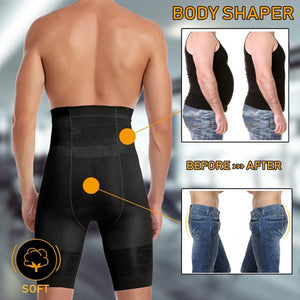 Picture of a Men's Body Shaping and Weight Loss Compression Pants infographic on how it tones the lower back and butt