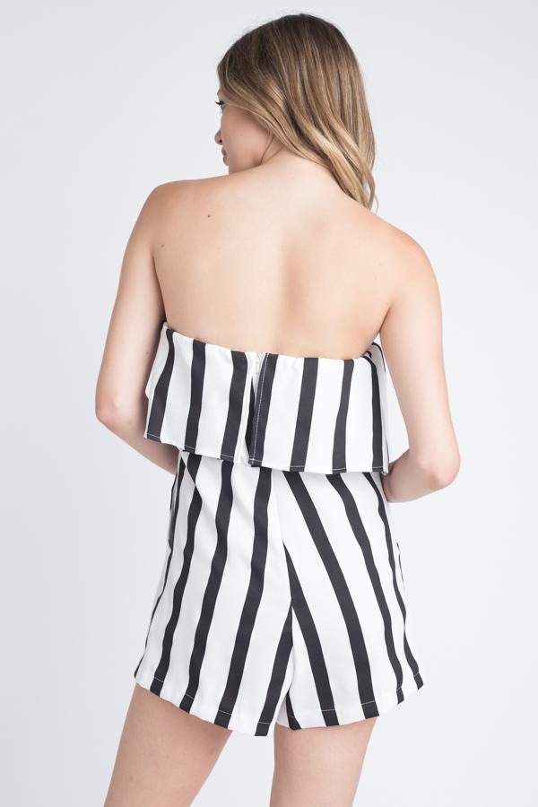 Women's Strapless Stripe Pocket Romper back view