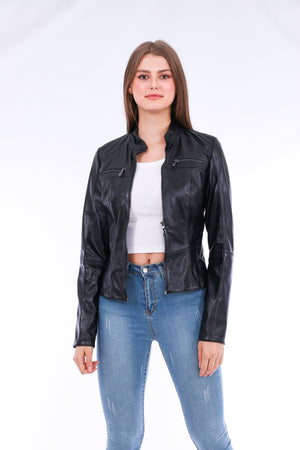 Picture of a Women's Genuine Black Leather Biker Jacket front view open