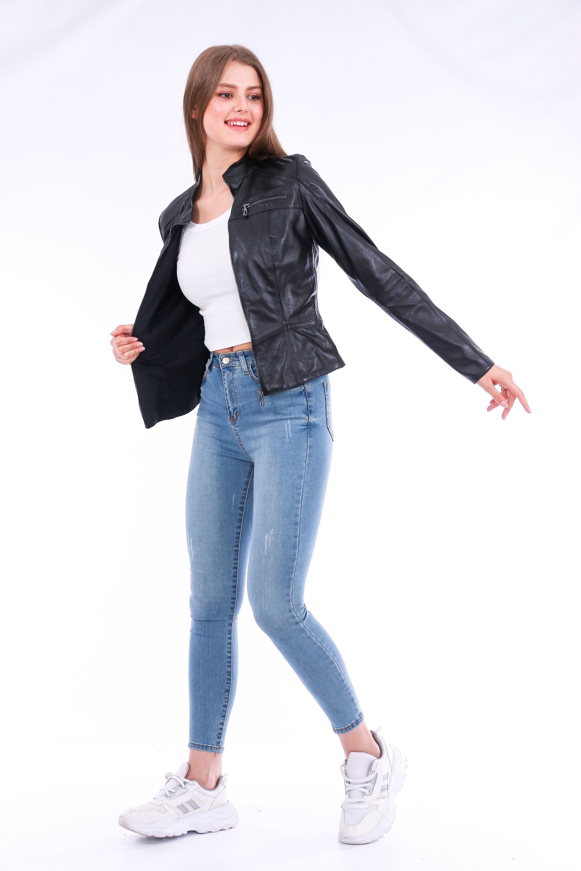 Picture of a Women's Genuine Black Leather Biker Jacket side view action shot