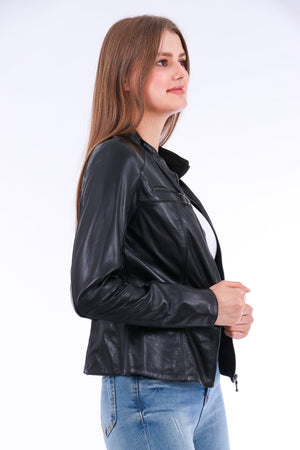 Picture of a Women's Genuine Black Leather Biker Jacket side view