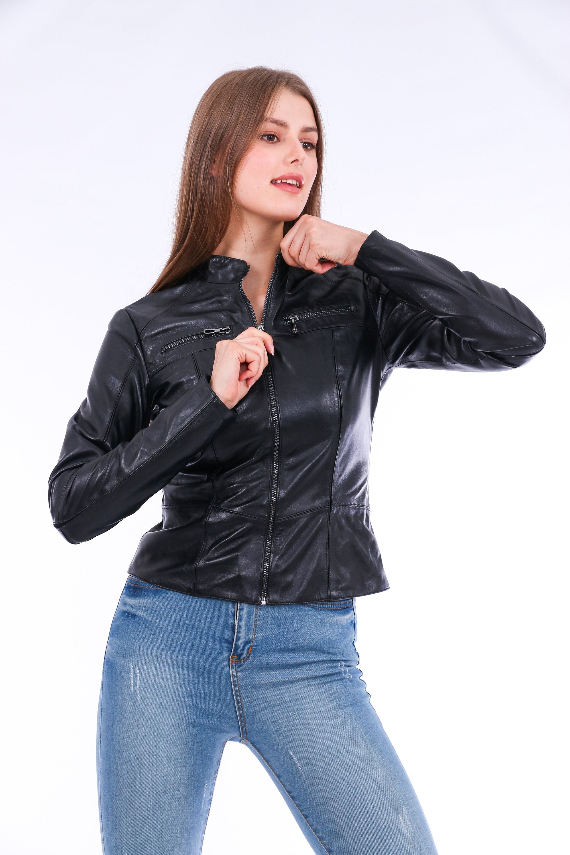 Picture of a Women's Genuine Black Leather Biker Jacket front view zipped