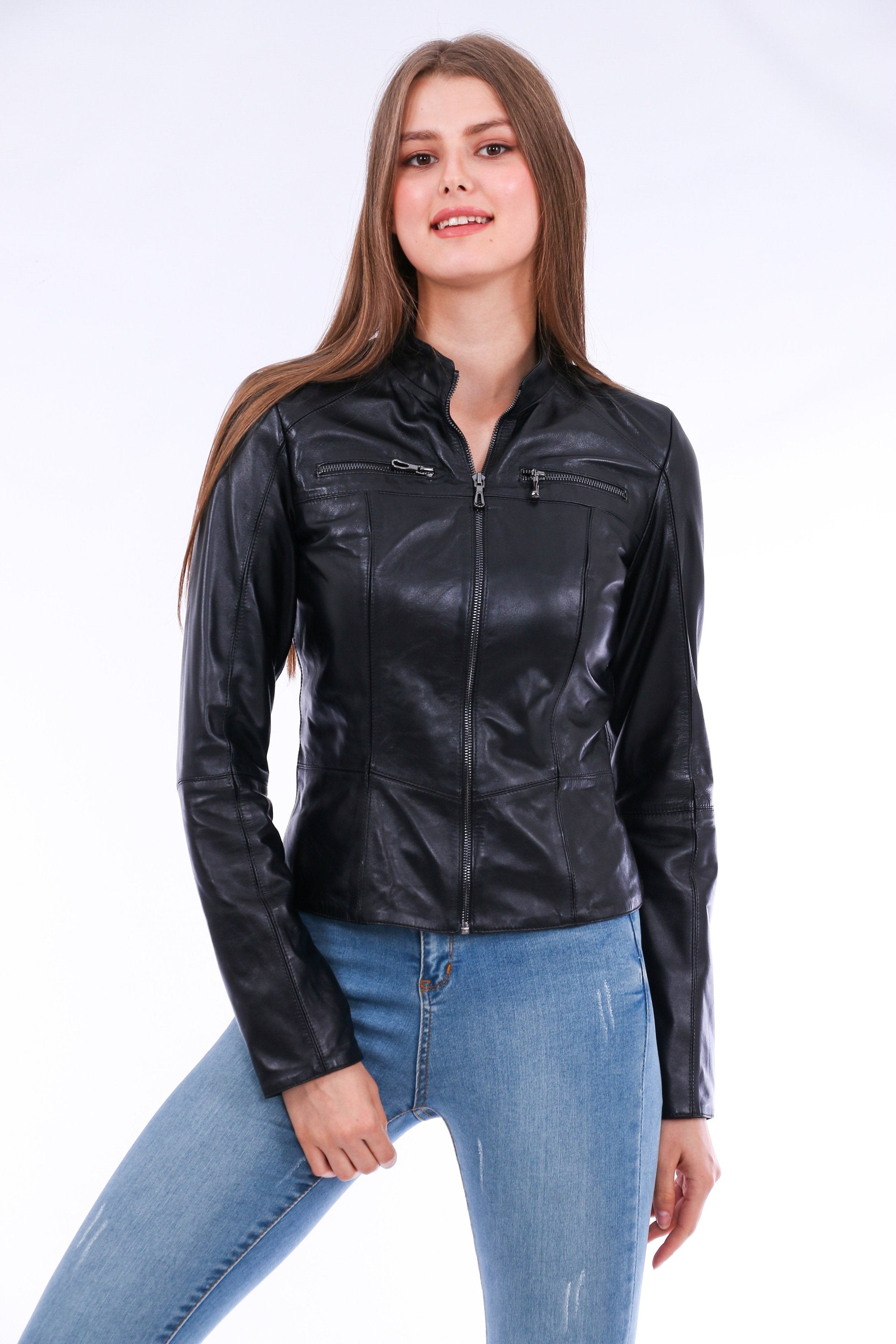 Picture of a Women's Genuine Black Leather Biker Jacket front view zipped again