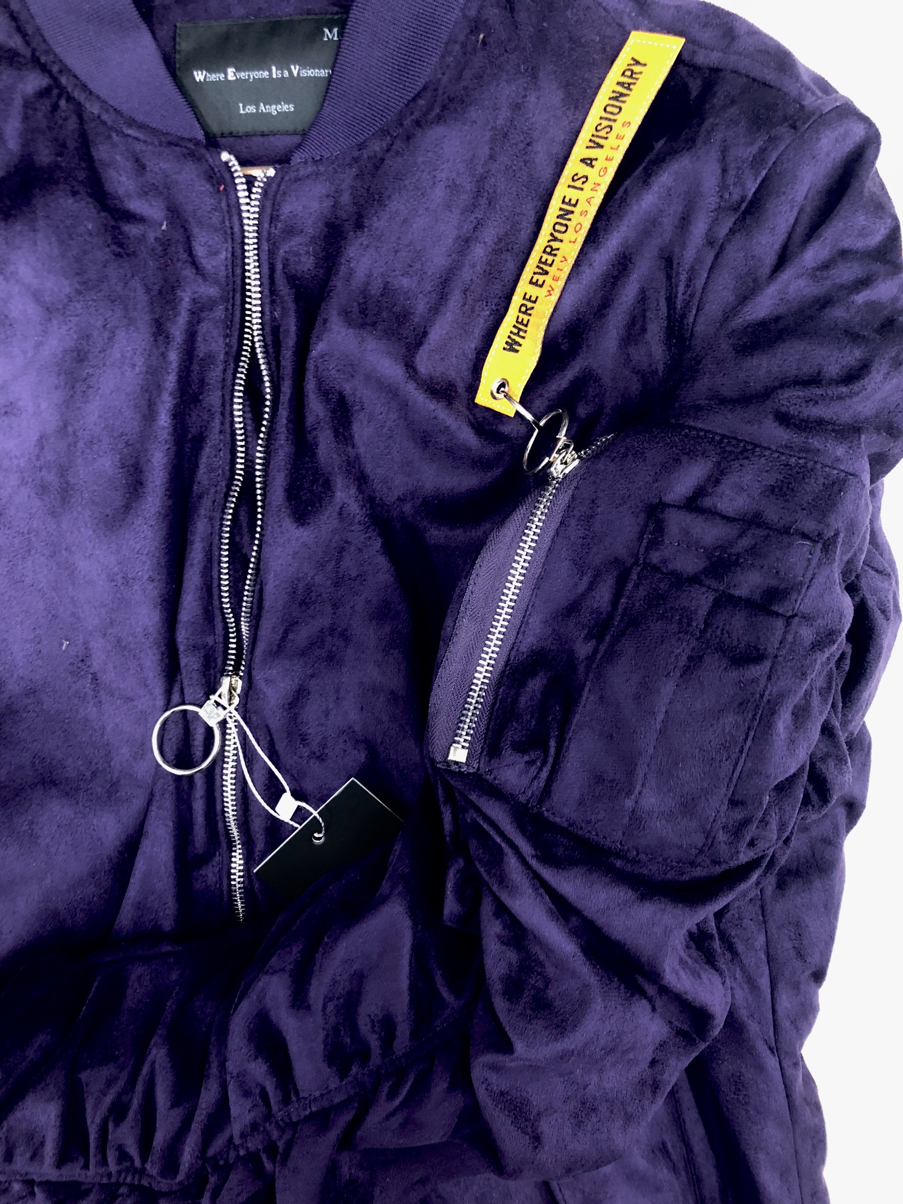 Picture of a Men's Purple Faux Suede Bomber Jacket close up