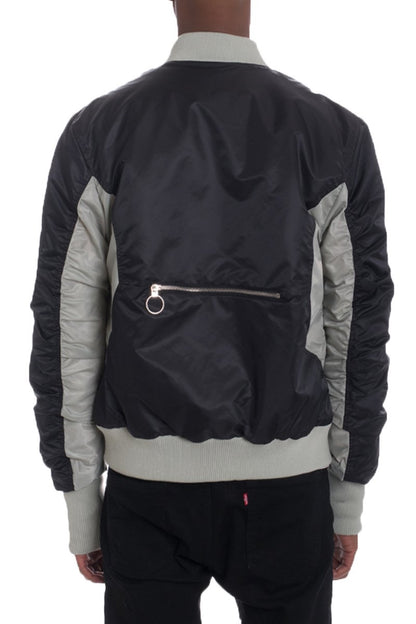 Picture of a Men's Black and Grey Two Tone Bomber Jacket back view